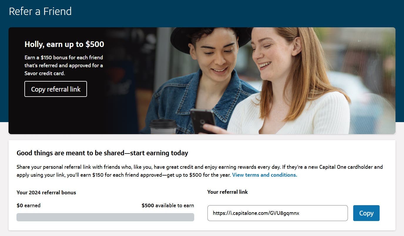 A screenshot from the Capital One referral programming website, highlighting the maximum bonus that can be achieved