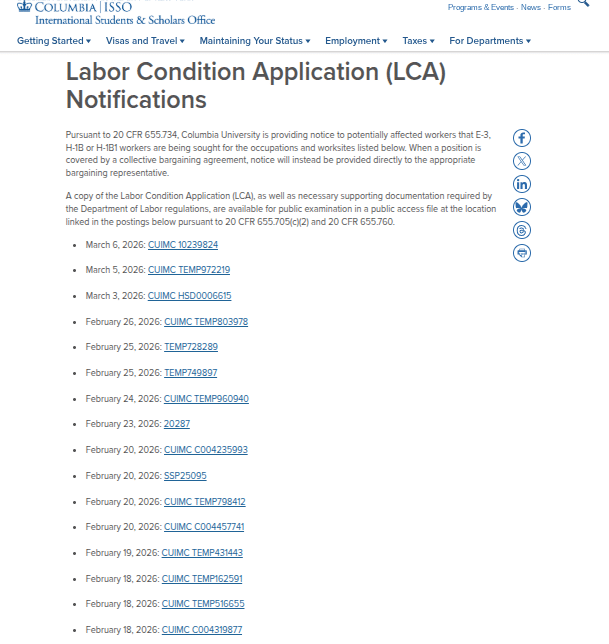 Columbia University looking to hire 7 H-1B Staff Associate administrators, one H-1B data engineer, one H-1B lab manager, and one H-1B Director of Science Communications because no American or is qualified